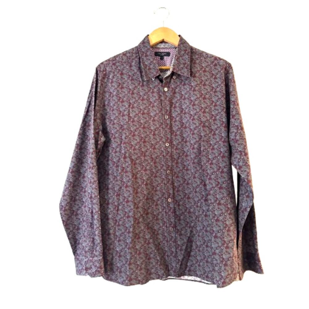 Ted Baker Mens Long Sleeve Paisley Print Shirt 6 Red Multi Button Up 100% Cotton